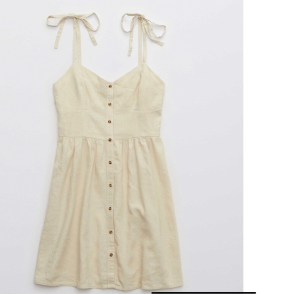 Aerie Women Babydoll Casual Linen Mini Dress in Ivory Size Large - Picture 3 of 11